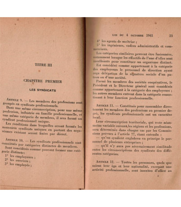 La charte du travail, texte officiel de la loi du 4 octobre 1941, René Guerdan - Occupation, législation régime Vichy