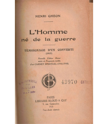 Reliure dos Cuir - L'homme né de la guerre, témoignage d'un converti 1915, Henri Ghéon 1923 - guerre 1914-1918, roman chrétien