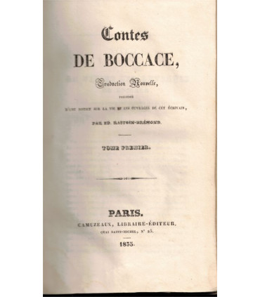 Contes de Boccace, T1, Édouard Rastoin-Brémond, 1835 - gravures XIXe s., littérature italienne XIVe siècle, dos cuir,