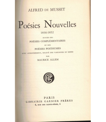 Poésies nouvelles 1836-1852, Alfred de Musset, 1938 - poésie, littérature XIXe s., couverture dos cuir,