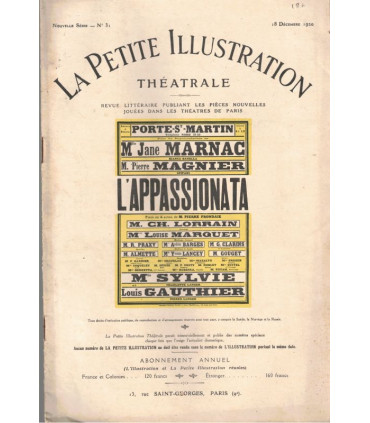 L'Appassionata, Pierre Frondaie - acteurs Mlle Sylvie, Pierre Magnier - La Petite Illustration Théâtrale N°31 1920
