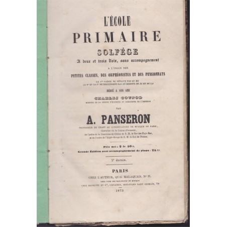 L'école primaire, solfège à deux et trois voix, A. Panseron, 1873 - manuels de musique