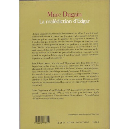 La malédiction d'Edgar, Marc Dugain, 2005 - John Edgar Hoover, politique américaine, Kennedy, FBI,