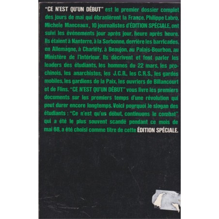 Ce n'est qu'un début, mai juin 68, Philippe Labro, juillet 1968 - événements de 1968, sociologie, politique