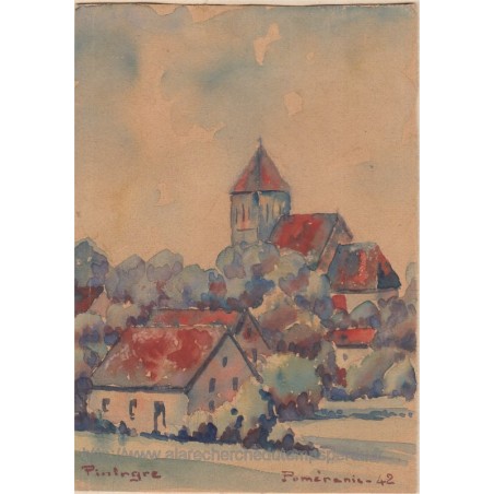 Aquarelle, village et son clocher, 1942 - Poméranie,