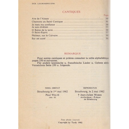 Lourdes, manuel du pèlerin, Tardy, 1962, der Lourdespilger  -, pèlerinage à Lourdes pour Alsaciens,, cantiques, Lieder,