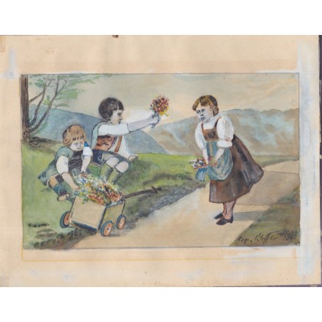 Aquarelle, deux enfants et la charrette de fleurs, Kloffer, 1939 - Alsace