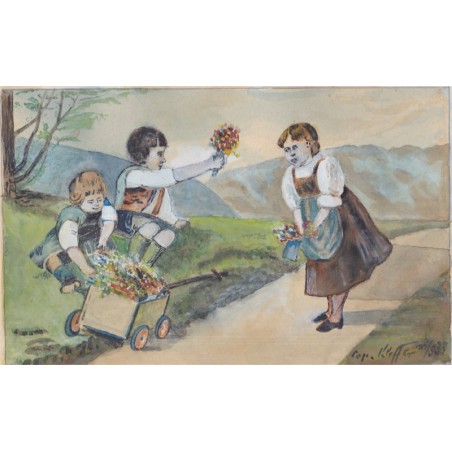 Aquarelle, deux enfants et la charrette de fleurs, Kloffer, 1939 - Alsace