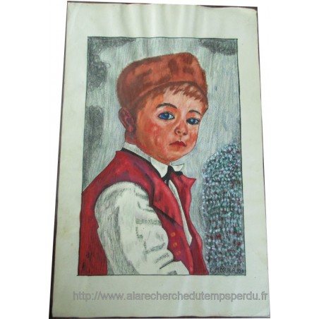 Dessin aquarellé, enfant en costume traditionnel alsacien, Mora, 1944 - Alsace
