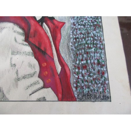 Dessin aquarellé, enfant en costume traditionnel alsacien, Mora, 1944 - Alsace