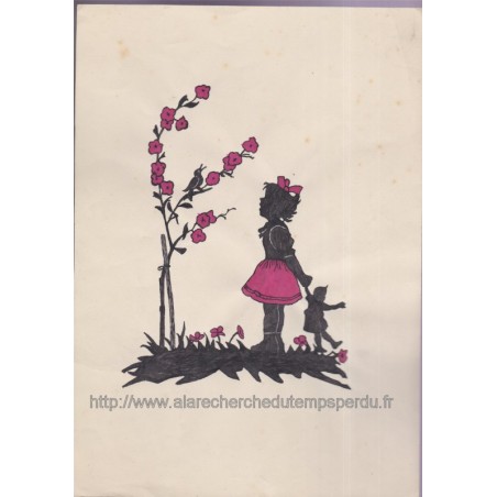 Dessin à l'encre de chine, la petite fille, la poupée et l'oiseau, 1944 - art, petite fille, dessin,