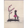 Dessin à l'encre de chine, la petite fille, la poupée et l'oiseau, 1944 - art, petite fille, dessin,