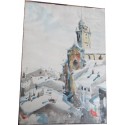 Peinture encre de chine et aquarelle, village sous la neige, 1963 - village enneigé,  église
