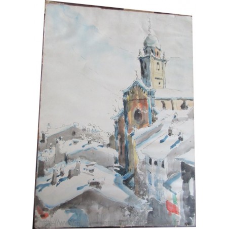 Peinture encre de chine et aquarelle, village sous la neige, 1963 - village enneigé,  église