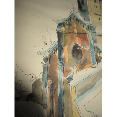 Peinture encre de chine et aquarelle, village sous la neige, 1963 - village enneigé,  église