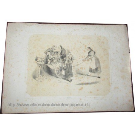 Gravure, Strasbourg, laitière, Vogel et Emile Lemaître, 1840 - Alsace, métiers, graveur