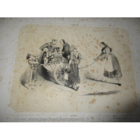 Gravure, Strasbourg, laitière, Vogel et Emile Lemaître, 1840 - Alsace, métiers, graveur