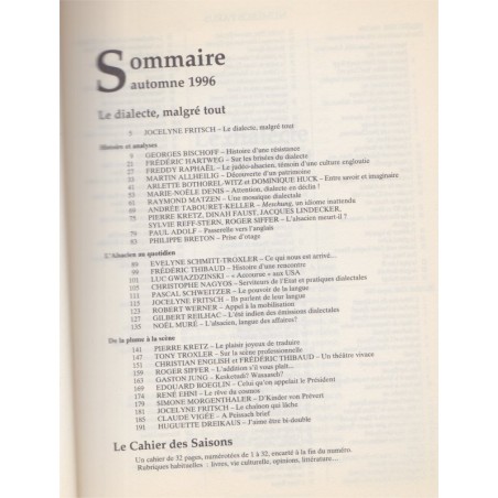 Saisons d'Alsace N°133, Le dialecte malgré tout, 1996 - régionalisme, revues alsatiques