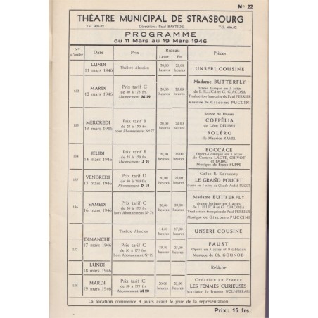 Théâtre Municipal de Strasbourg 1945-1946, programme du 11 mars au 19 mars 1946 - revues théâtre, spectacles
