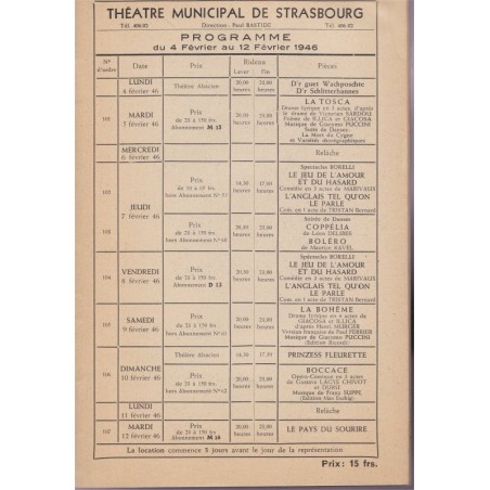 Théâtre Municipal de Strasbourg 1945-1946, programme du 4 février au 12 février 1946 - revues théâtre, spectacles