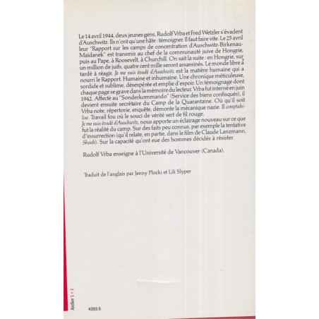 Je me suis évadé d'Auschwitz, Rudolf Vrba & Alan Bestic, 1988 - Shoah, 2e guerre mondiale