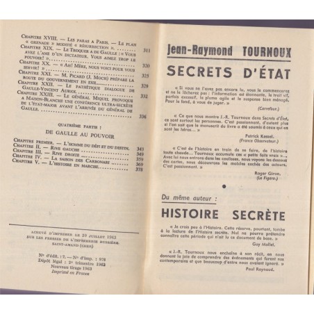 Secrets d'Etat, Jean-Raymond Tournoux, 1963 - essai politique, De Gaulle, Indochine, guerre d'Algérie
