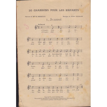 20 chansons pour les enfants, André Gedalge, 1930 - partitions de musique, comptines