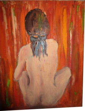 Paula Noailles acrylique femme nue accroupie de dos