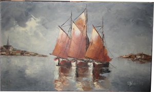 Paula Noailles huile sur toile marine trois bateaux